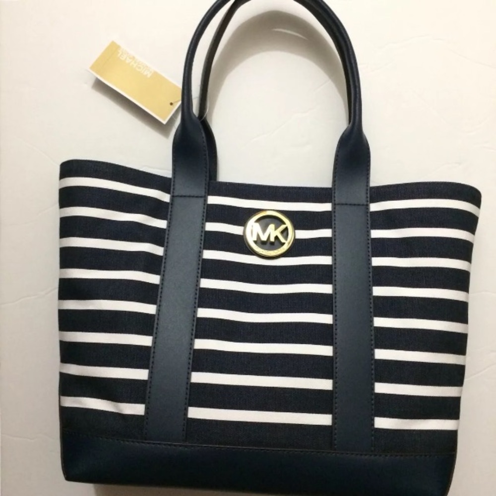 MICHAEL KORS MK Fulton Navy Striped Canvas Tote - Picture 2 of 9
